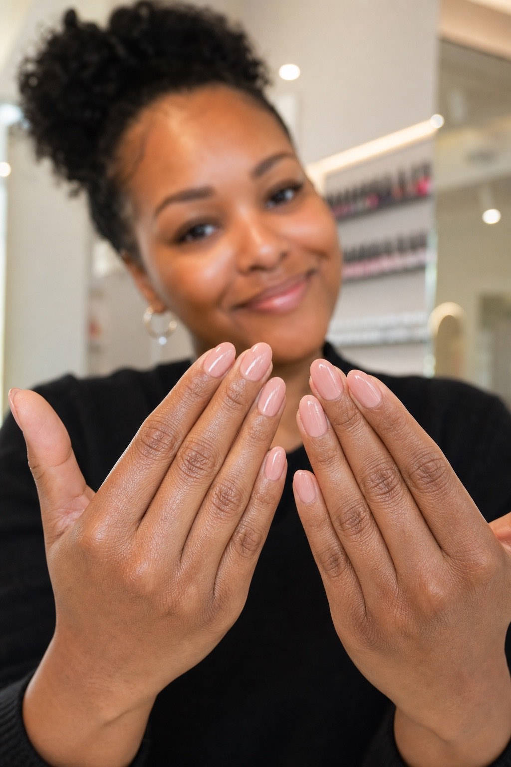 Client showing a flawless nude almond-shaped Russian manicure by Tasheka