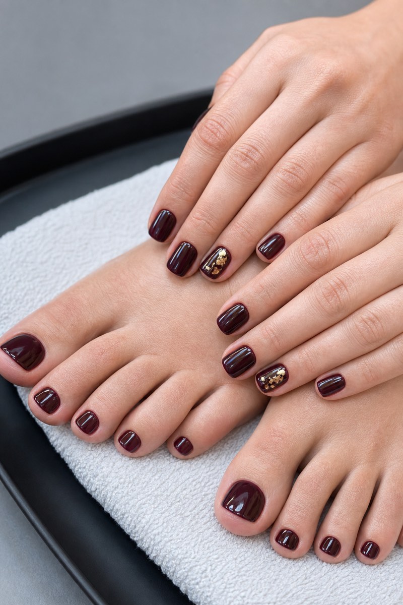 Fair-skinned client with black cherry Russian manicure, gold foil accent, and matching pedicure